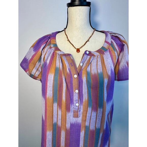Dylan Purple Multi Ikat Print Short Sleeve Cotton Top Tribal Blouse L Boho - Picture 1 of 6